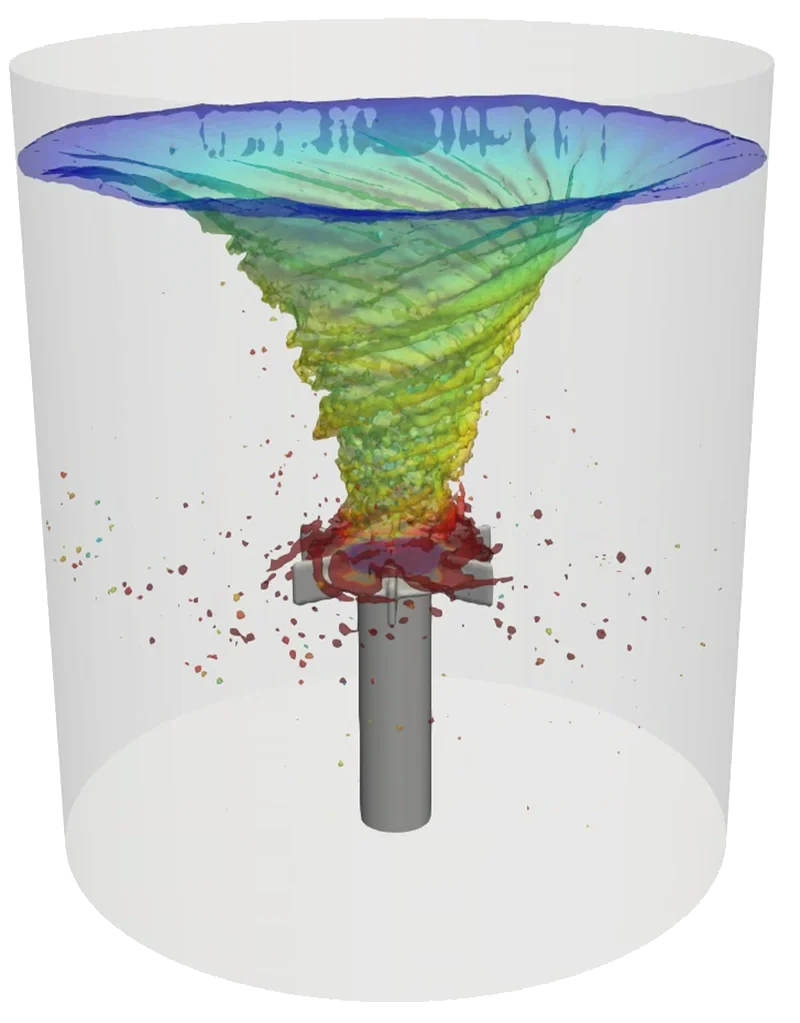 Simulated free-surface vortex in a stirred tank