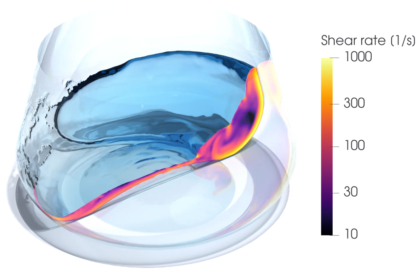 Rendered shake flask with the moving liquid cut open; the cross-section is colored by shear rate from 10 to 1000 per second